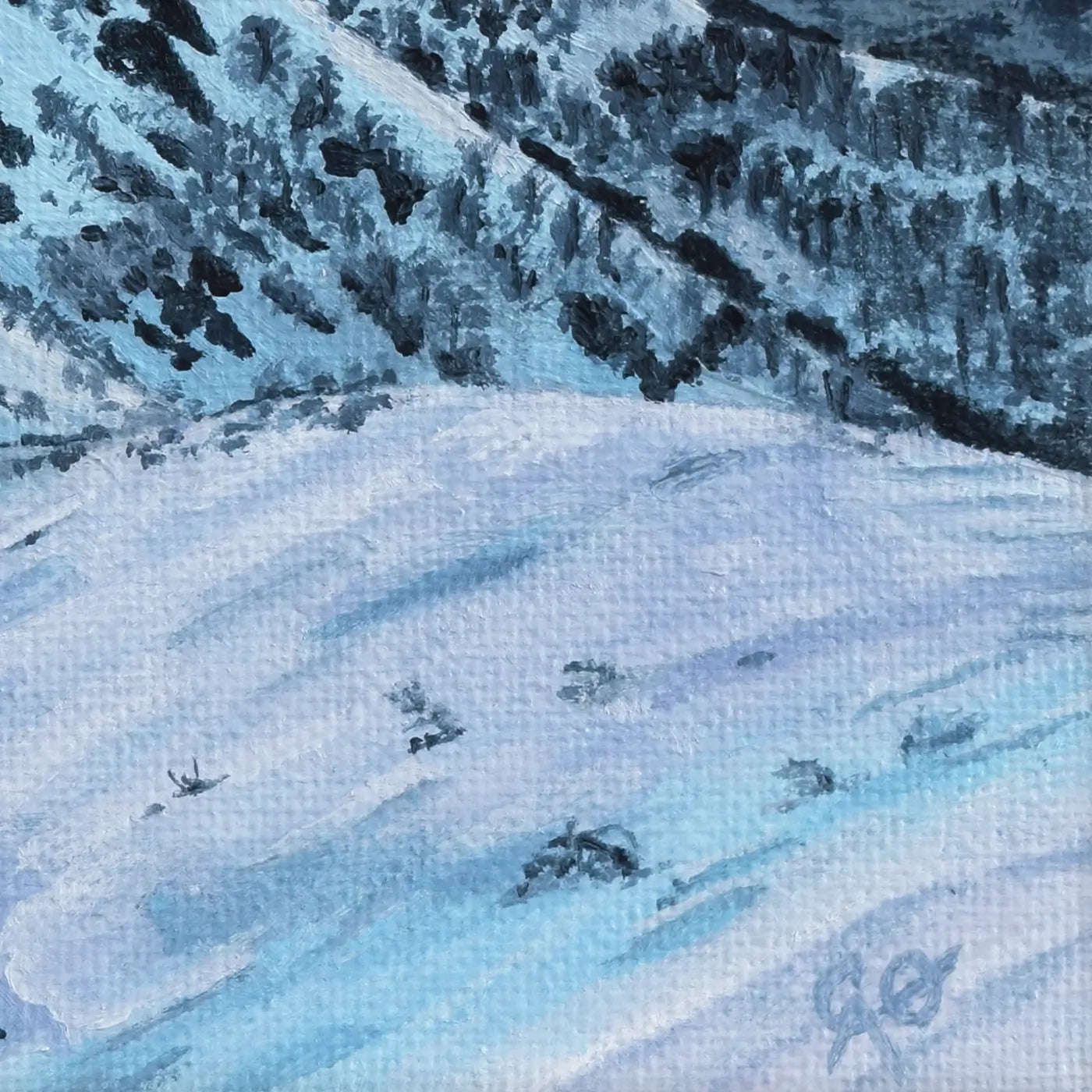 Artistic depiction of a snowy mountain landscape with trees.