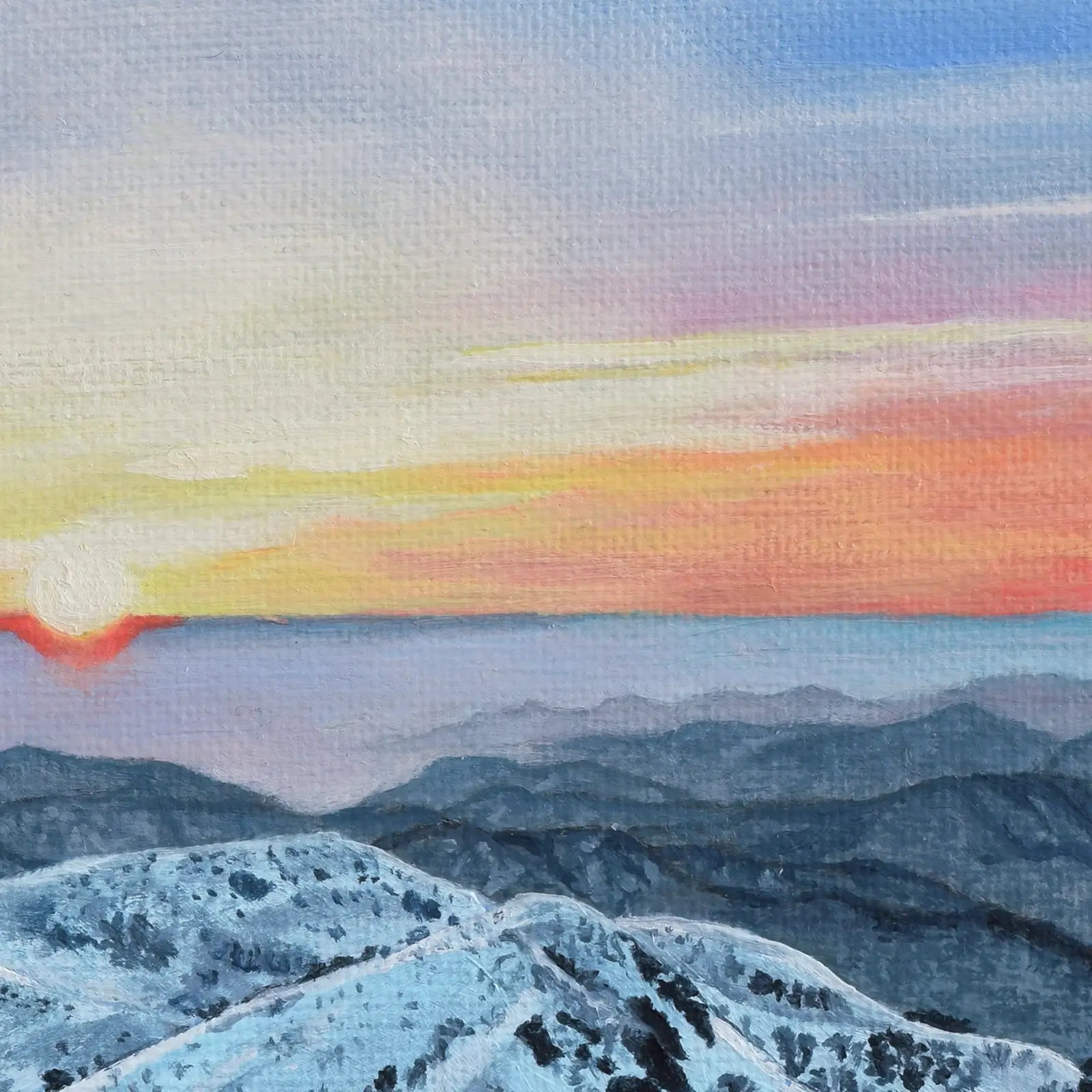 Painting of a mountain landscape with a colorful sunset.