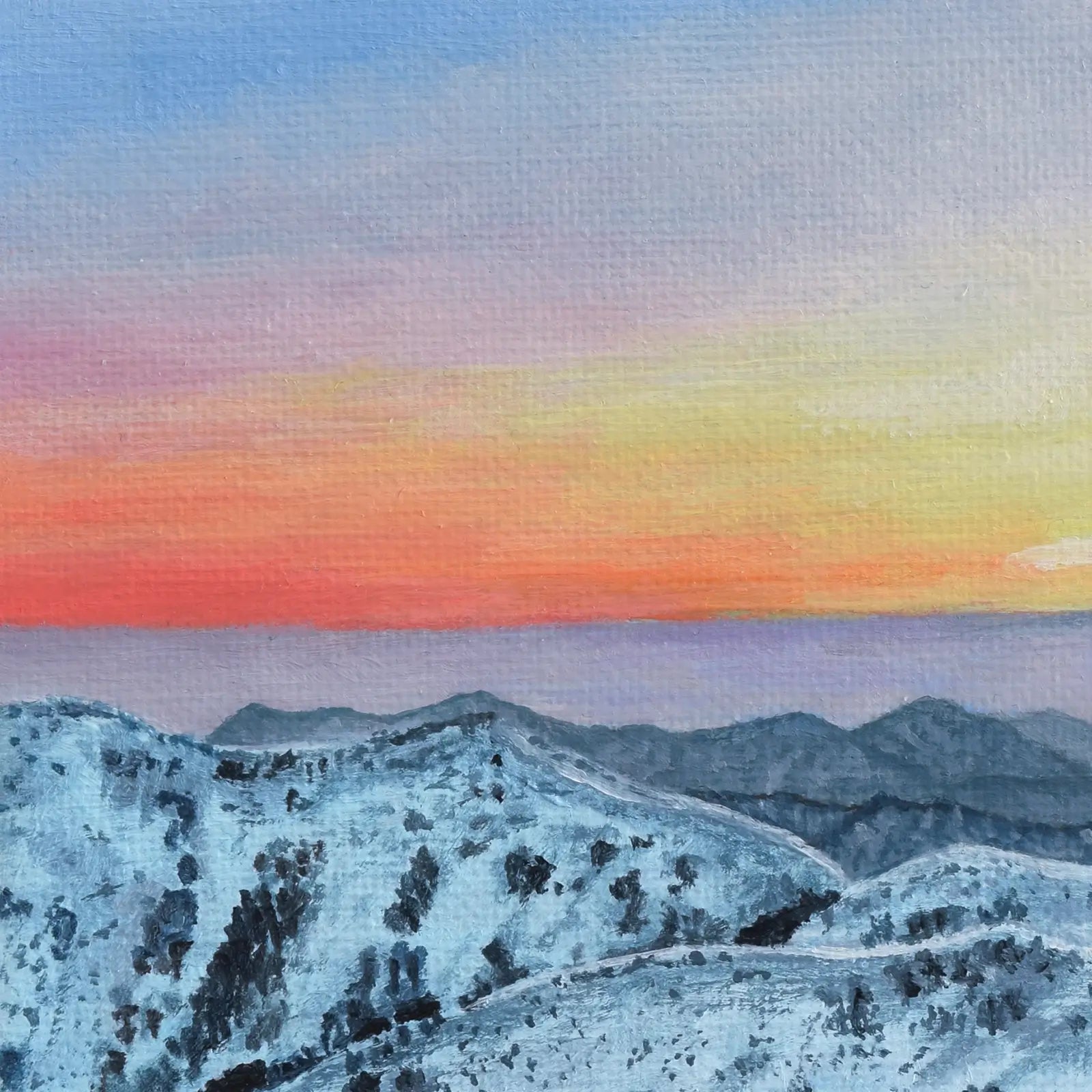 Painting of a mountain landscape with a colorful sunset sky