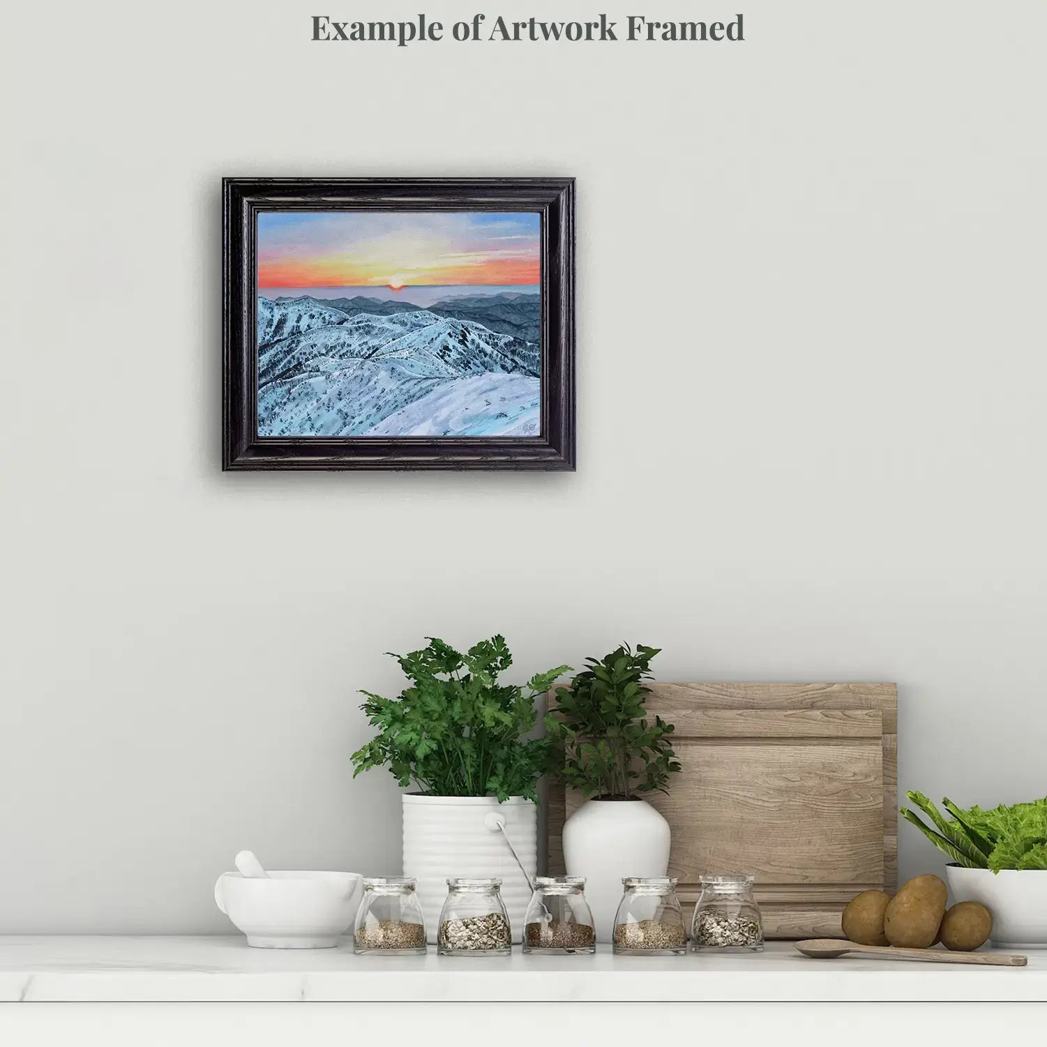 Mountain winter sunrise scene, oil on panel with a frame (example).